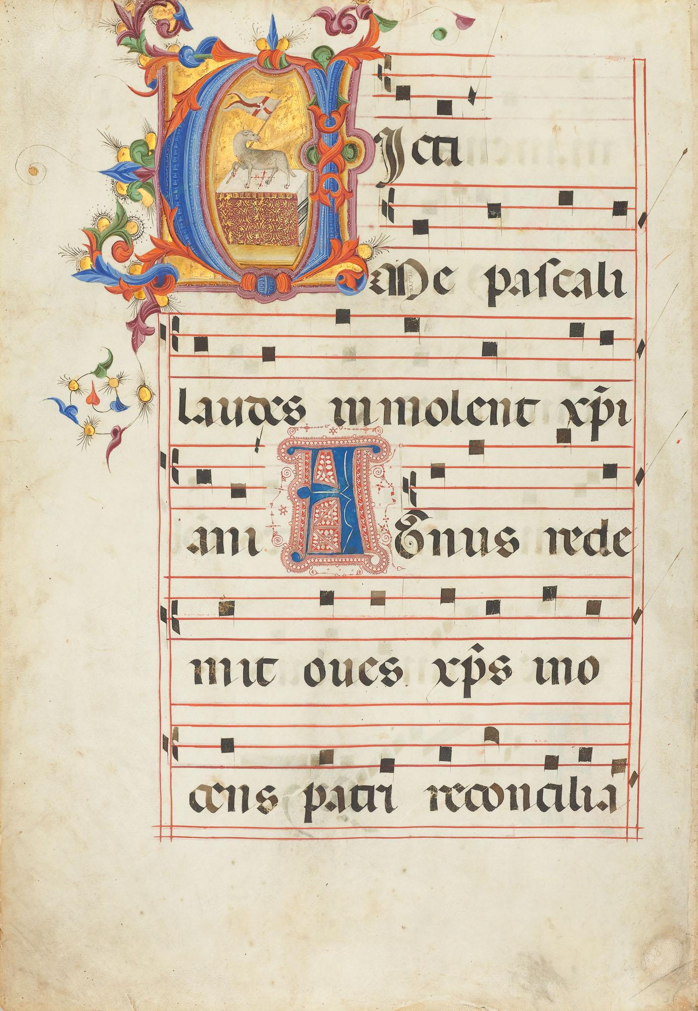 Giovanni Di Paolo - Easter Lamb, in a historiated initial ‘V’ on a leaf from an illuminated Sequentiary on vellum [Siena, c.1435-40]