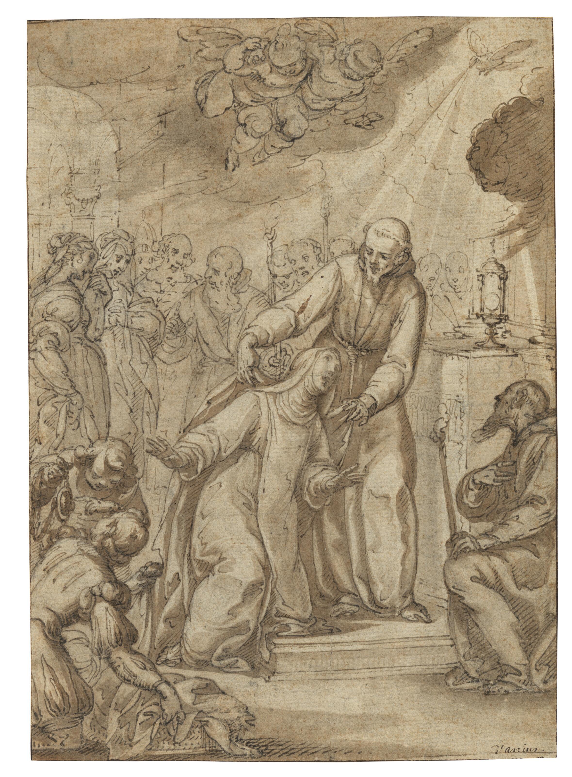 Giovanni Domenico Cappellino - Saint Clare of Assisi, having taken her vows, is welcomed at the altar by Saint Francis, surrounded by other figures