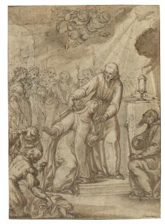 Giovanni Domenico Cappellino - Saint Clare of Assisi, having taken her vows, is welcomed at the altar by Saint Francis, surrounded by other figures