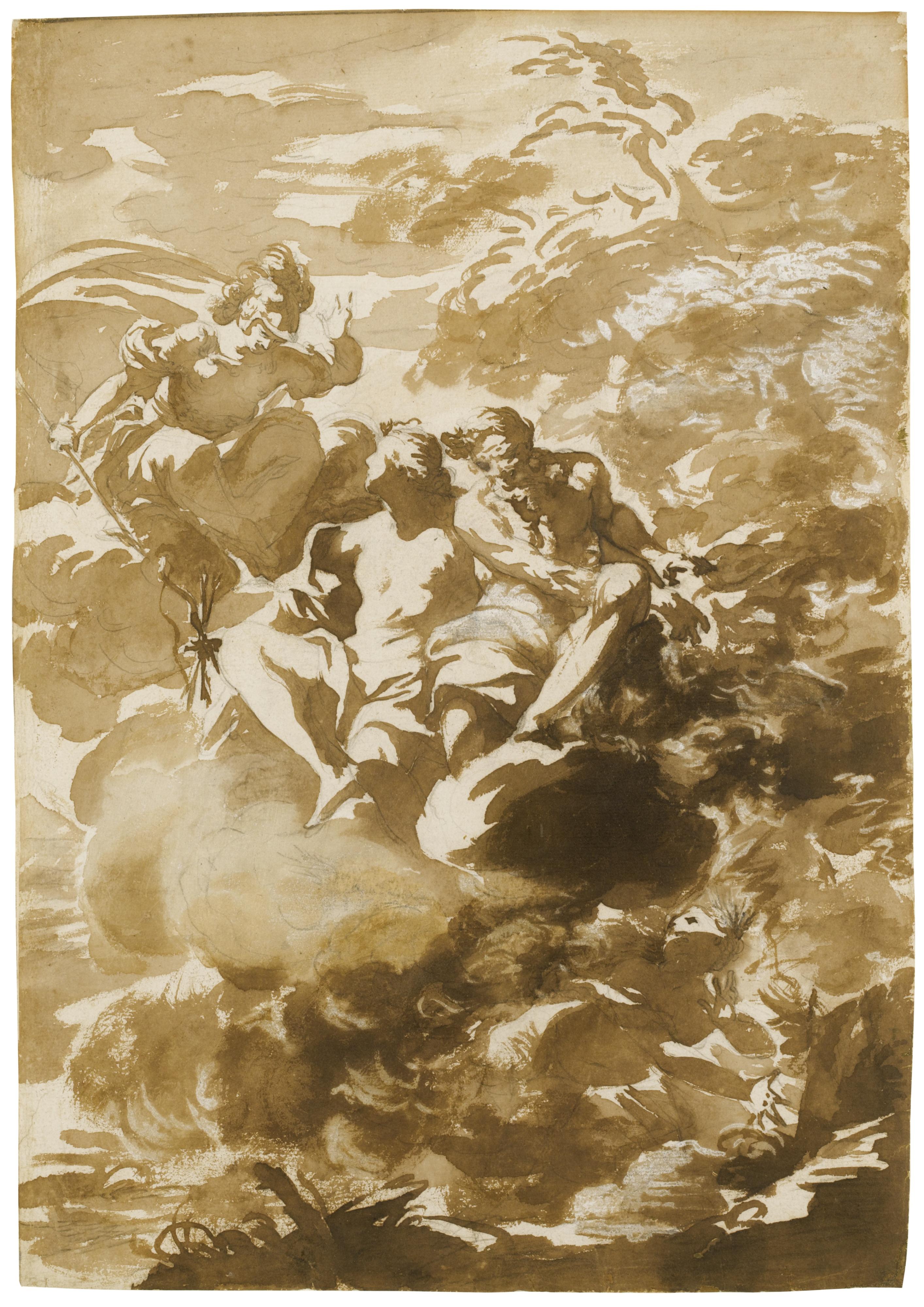 Giovanni Domenico Ferretti - Minerva, Diana And Jupiter In The Clouds With A Nymph Below