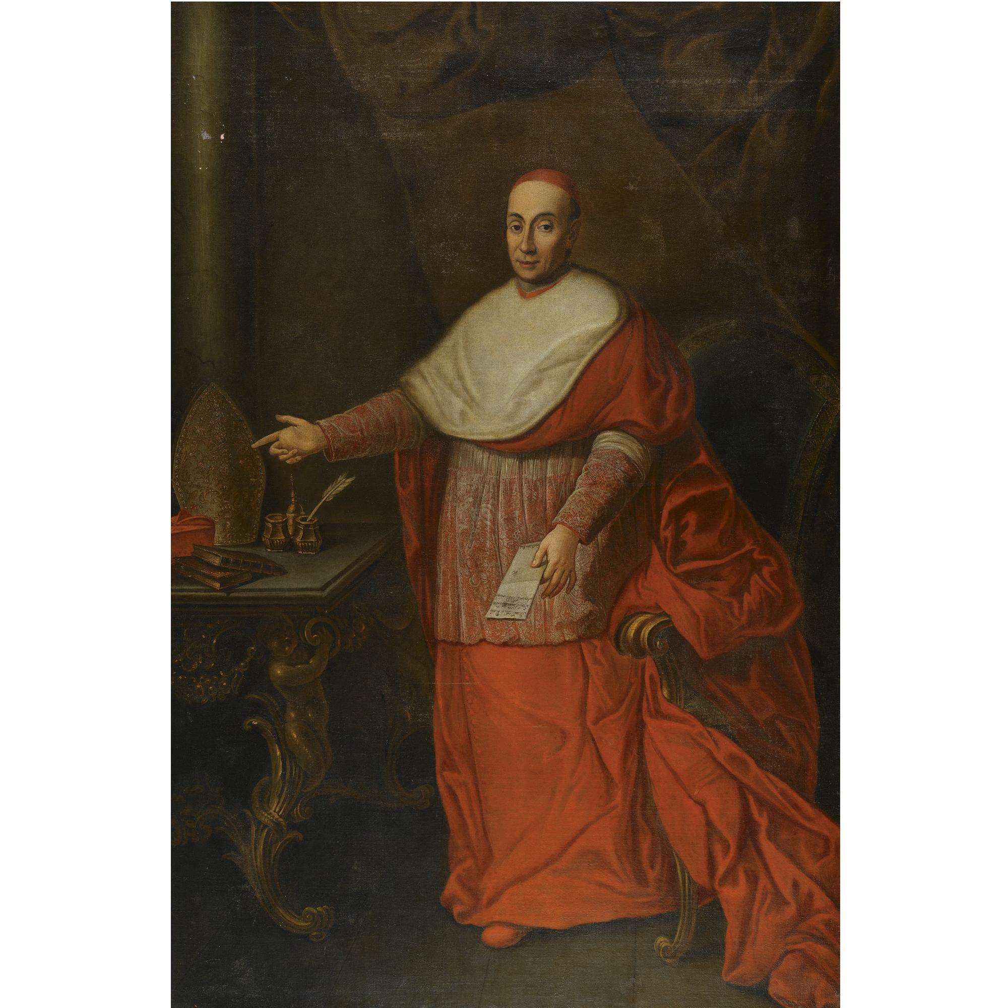 Giovanni Domenico Porta - Portrait Of A Cardinal, Possibly Girolamo De Bardi (1685-1761), Full Length, Standing Beside A Table, Holding A Letter