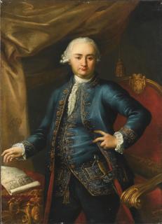 Giovanni Domenico Porta - Portrait Of Marco Boncompagni Ottoboni, Duke Of Fiano (1741-1818), Three-Quarter Length, Standing In An Interior Before A Red Chair, Wearing An Elaborately-Embroidered Blue Jacket