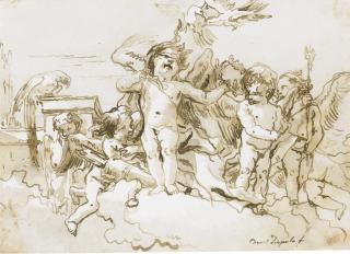 Giovanni Domenico Tiepolo - A Blindfolded Cupid With His Bow, Surrounded By Amorini, A Parrot Perched On A Pedestal To The Left