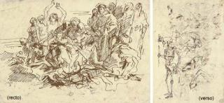 Giovanni Domenico Tiepolo - A group of alarmed spectators (recto); A skeleton and an old man (verso)