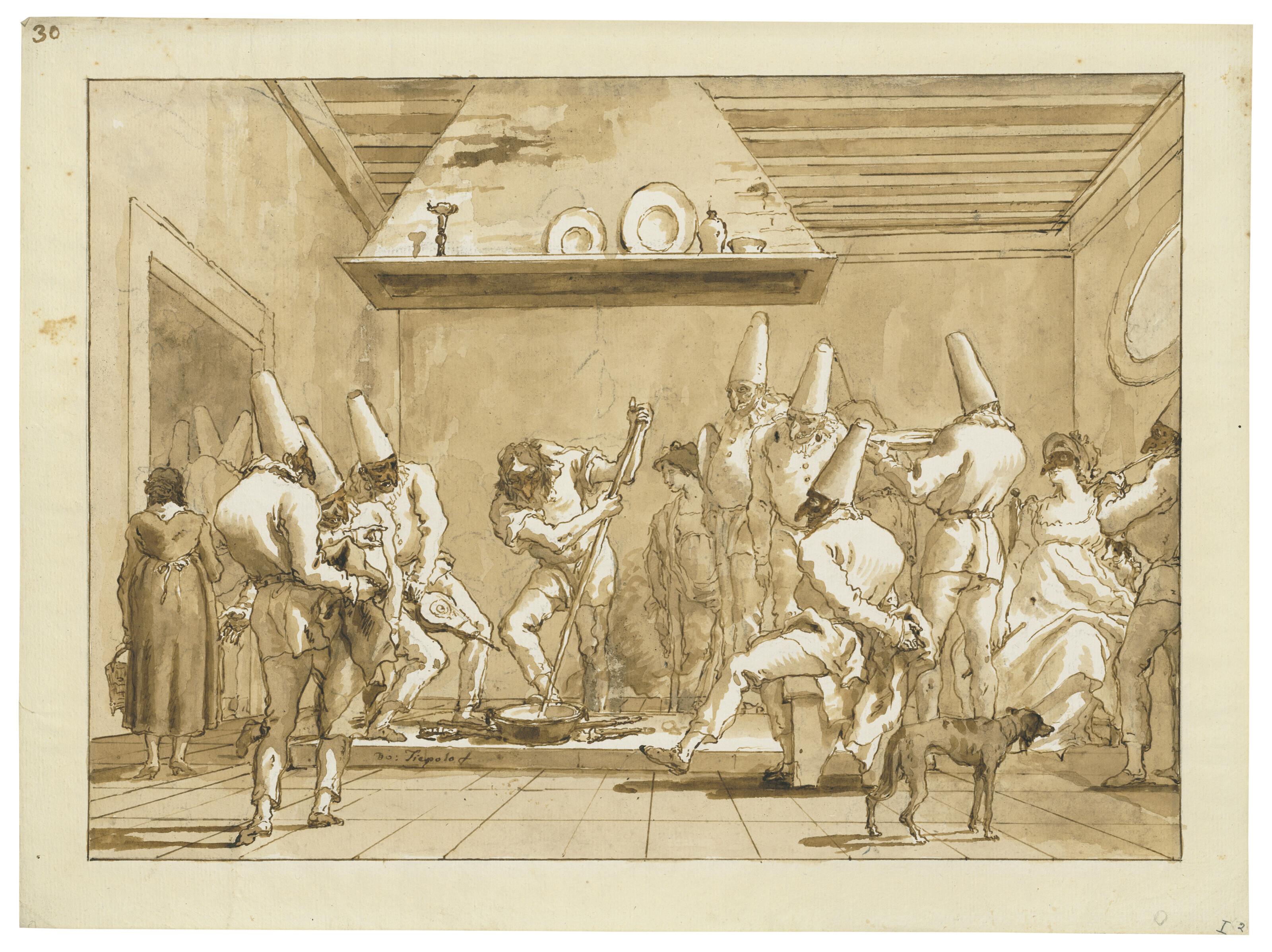 Giovanni Domenico Tiepolo - A group of Punchinellos watching the making of glass