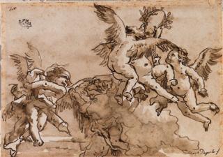 Giovanni Domenico Tiepolo - Blindfolded Cupid and flying putti playing with a laurel crown