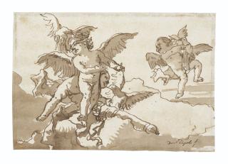 Giovanni Domenico Tiepolo - Blindfolded Cupid, armed, with winged putti and doves