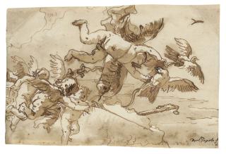 Giovanni Domenico Tiepolo - Cupid with his bow and doves in the clouds, amorini collecting his arrows and quiver