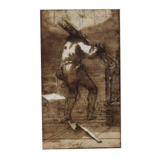 Giovanni Domenico Tiepolo - Etude D\'Homme Portant Du Bois Dans Un Intérieur Sombre