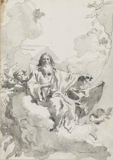 Giovanni Domenico Tiepolo - God the Father and angels on clouds ( recto ), Partial study of a head ( verso )