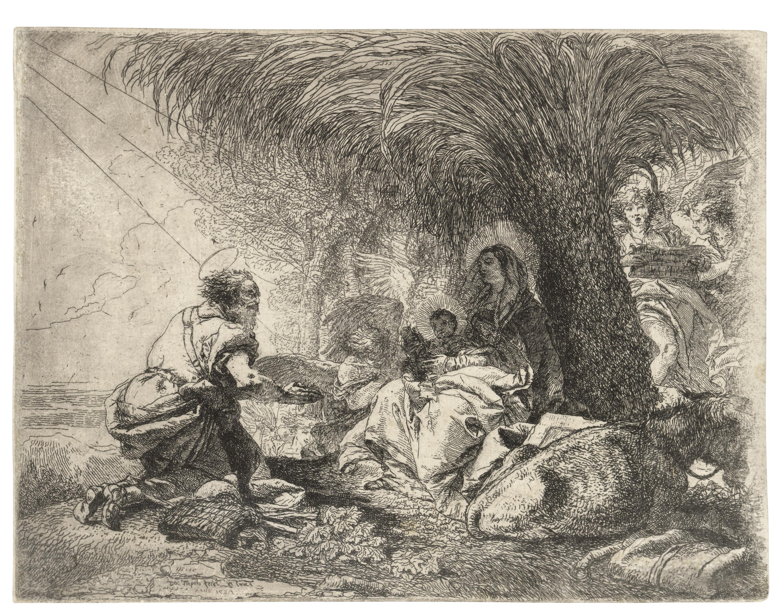 Giovanni Domenico Tiepolo - Joseph adoring the Child while two Angels sing, from: The Flight into Egypt