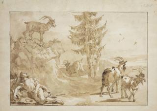 Giovanni Domenico Tiepolo - Mountain Goats And A Young Traveller Resting