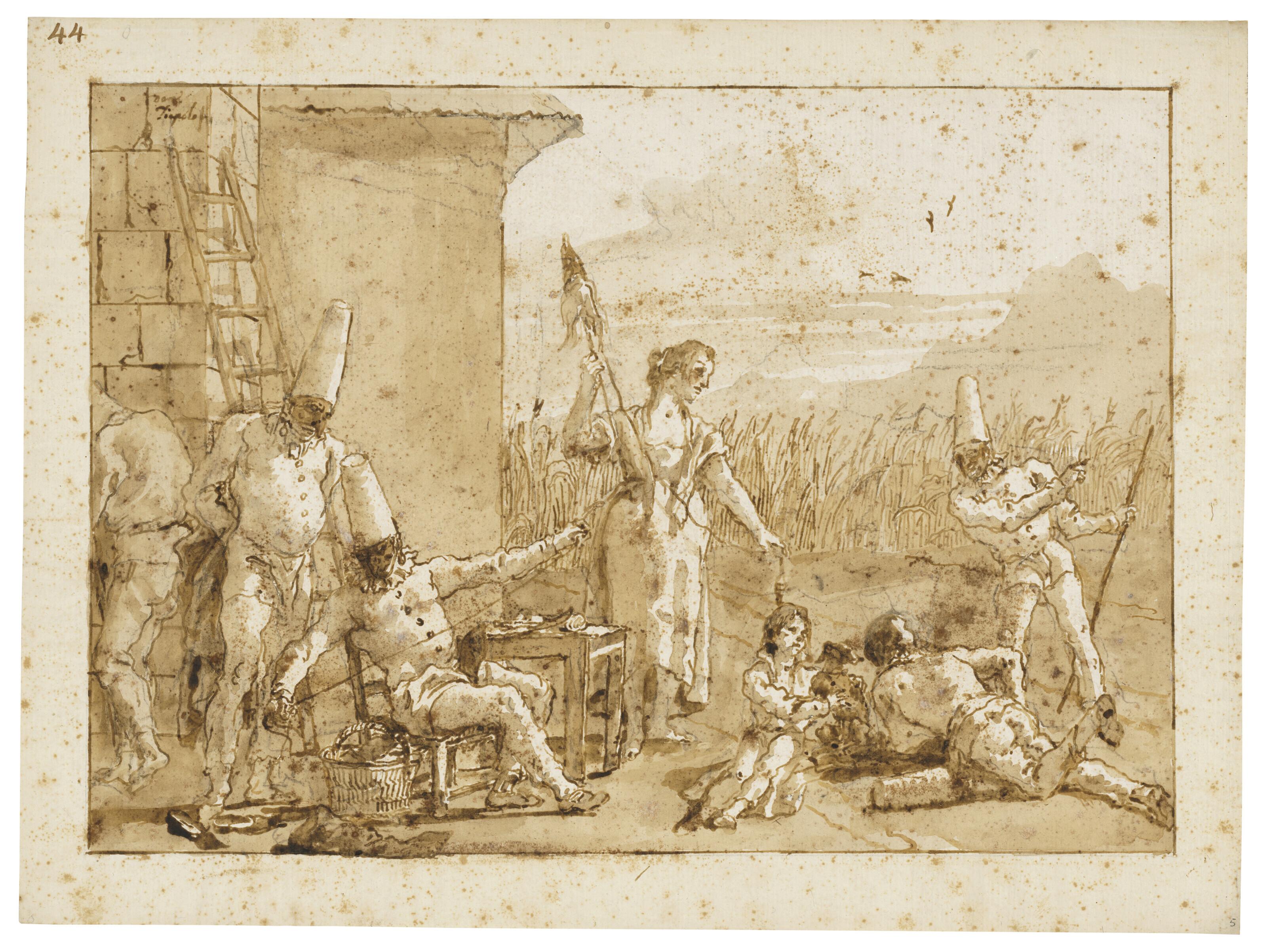 Giovanni Domenico Tiepolo - Punchinello and his family in a farmyard, spinning flax