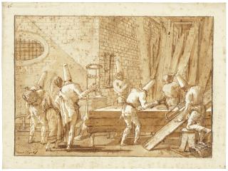 Giovanni Domenico Tiepolo - Punchinellos at a carpenter’s workshop