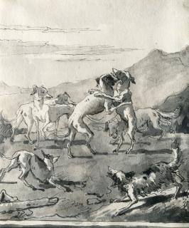 Giovanni Domenico Tiepolo - Spielende Hunde in einer Landschaft
