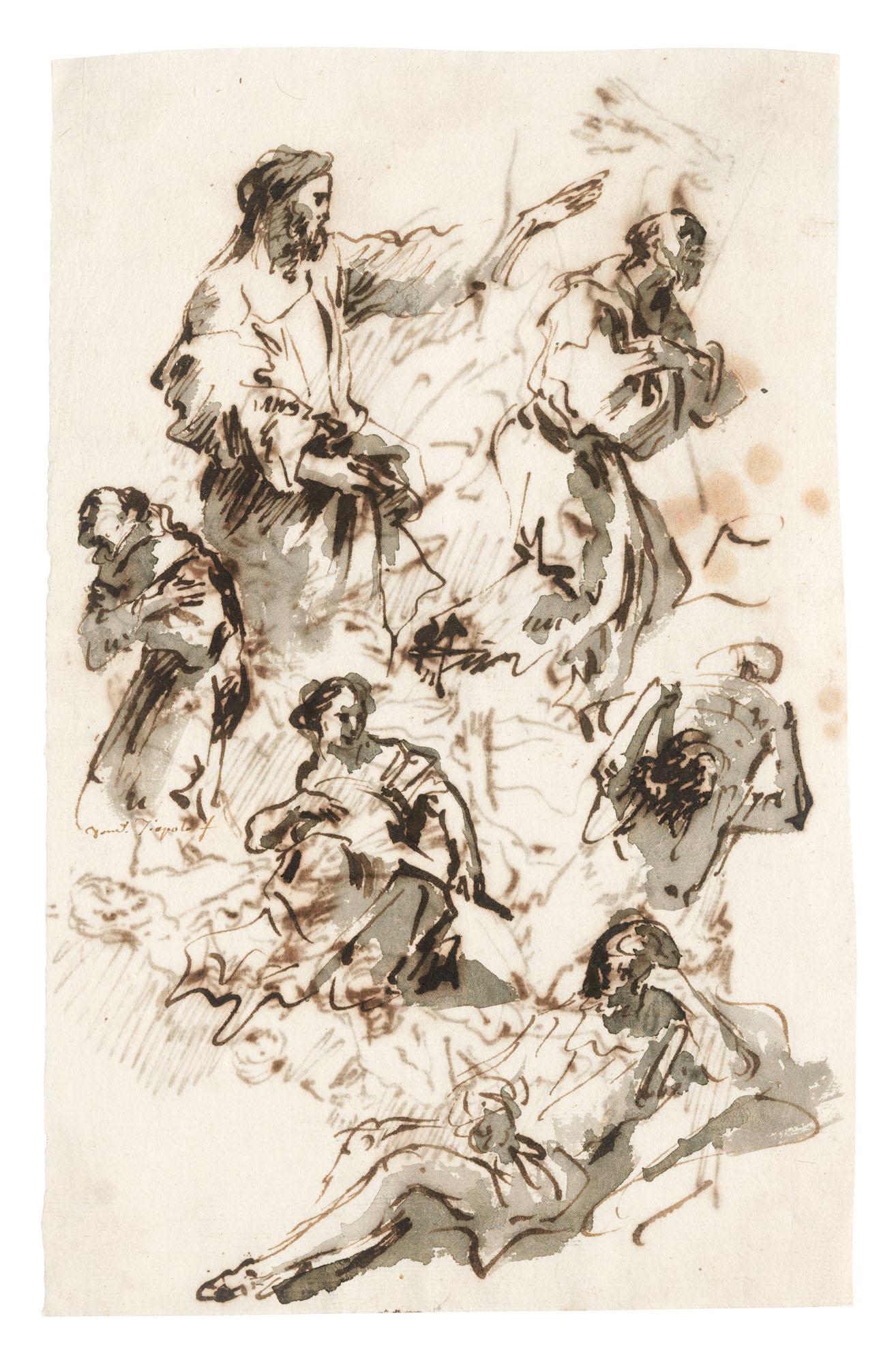 Giovanni Domenico Tiepolo - Studies of Christ preaching, two monks in adoration, a young woman with a mandolin, a man carrying a load on his shoulders and a reclining figure (recto); Studies of Christ and other figures (verso)