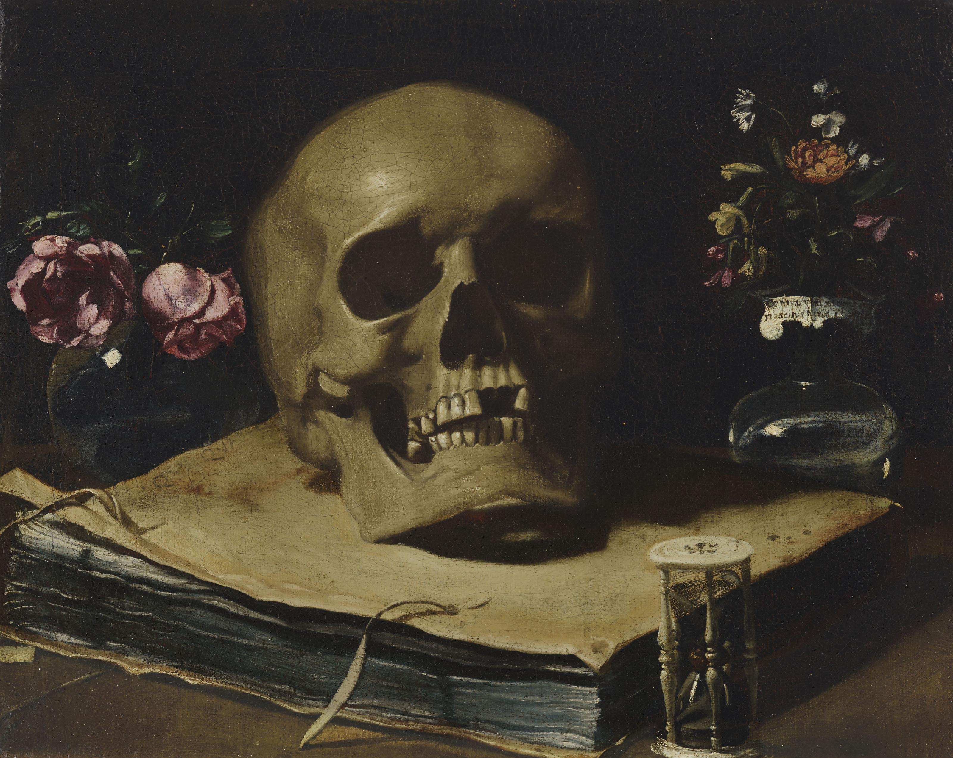 Giovanni Francesco Barbieri, Called Guercino - A Vanitas Still Life With A Skull Atop A Book, An Hourglass And Two Glass Vases Of Flowers