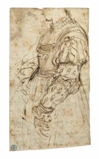 Giovanni Francesco Barbieri, Il Guercino - Femme en robe, tournée de trois-quart vers la gauche (recto) ; Inscriptions (verso)