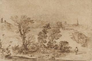 Giovanni Francesco Barbieri, Il Guercino - Paysage avec une femme jouant avec des oiseaux et autres figures