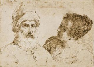 Giovanni Francesco Barbieri - A bearded man, half-length, wearing a hat, and a young woman