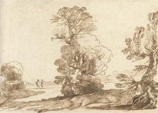 Giovanni Francesco Barbieri - A extensive wooded landscape with two travellers on a road