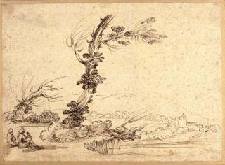Giovanni Francesco Barbieri - A landscape with falconers by a tree