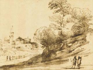 Giovanni Francesco Barbieri - A landscape with two figures in the foreground, a town beyond