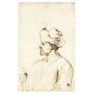 Giovanni Francesco Barbieri - A Man Seen In Profile, Half Length, Wearing A Hat And Holding A Stick