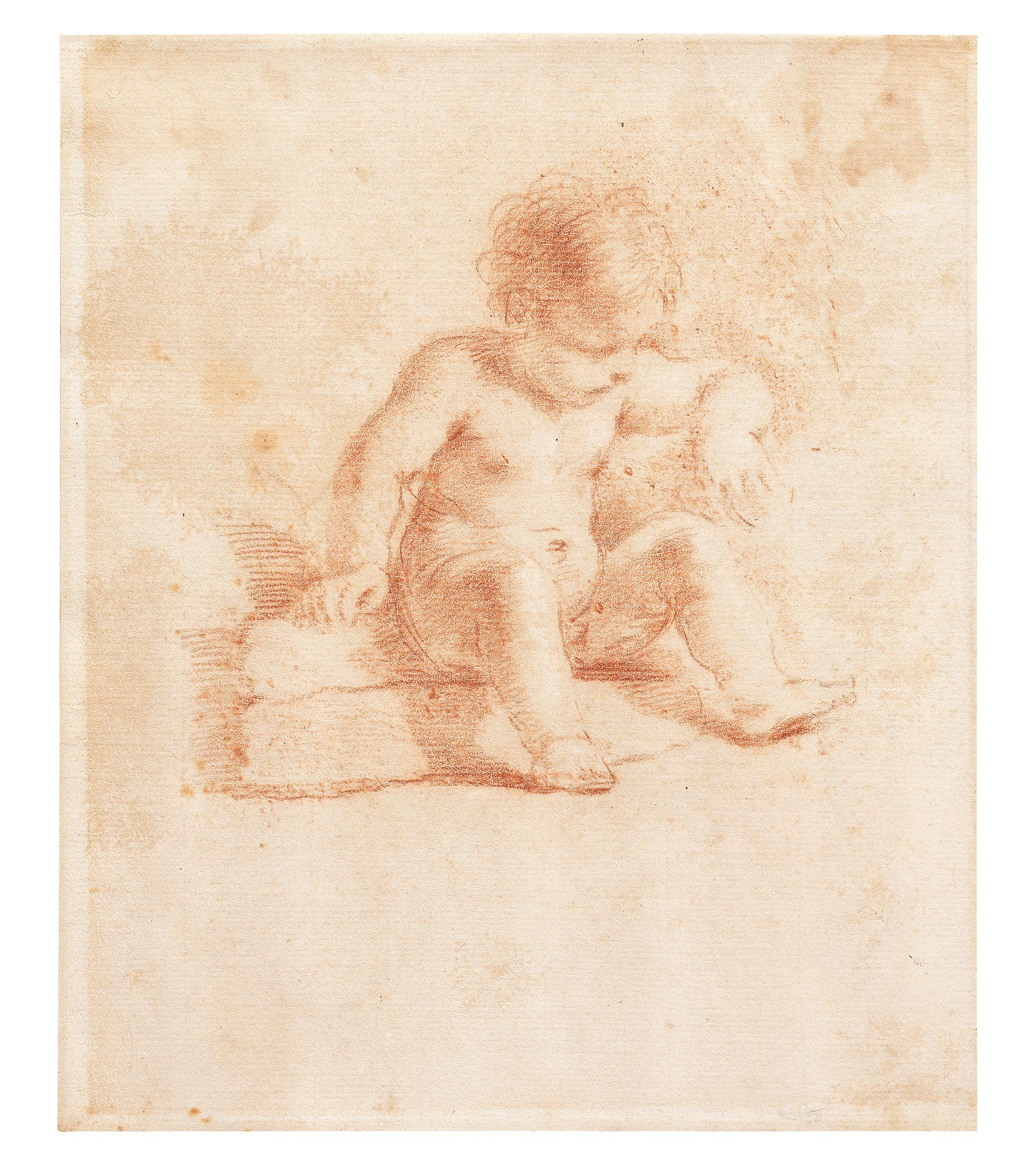 Giovanni Francesco Barbieri - A small child seated on a stone step with his head inclined and resting his elbow on a ledge