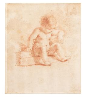 Giovanni Francesco Barbieri - A small child seated on a stone step with his head inclined and resting his elbow on a ledge