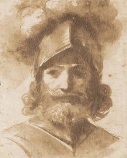 Giovanni Francesco Barbieri - A study of a bearded man wearing armour and a plumed helmet, possibly for Mars or Argantes