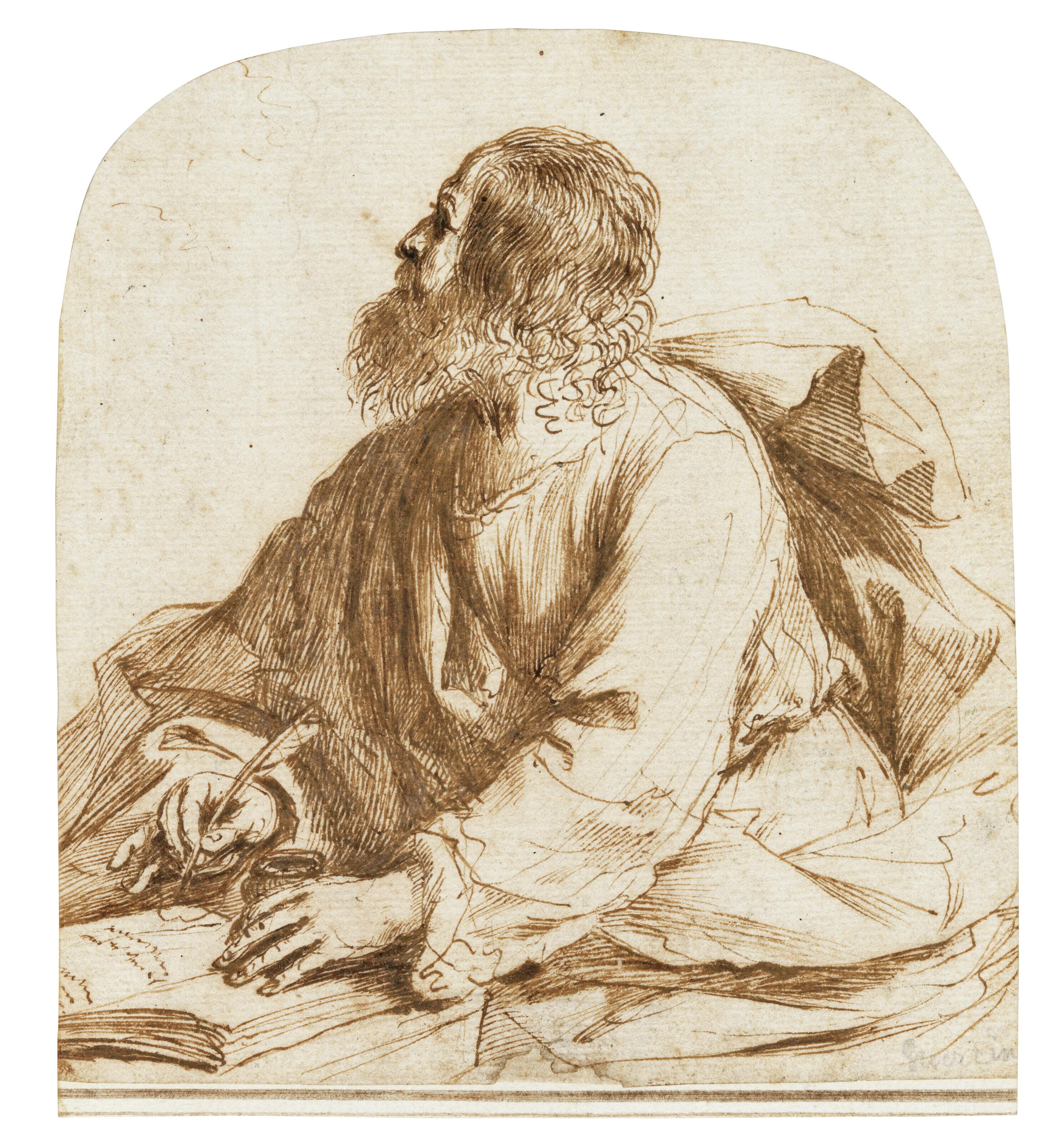 Giovanni Francesco Barbieri - An evangelist seated at a table, looking up from his writing