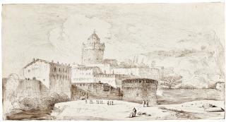 Giovanni Francesco Barbieri - An Extensive Landscape With A Fortified Castle And Buildings, Figures In The Foreground