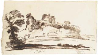Giovanni Francesco Barbieri - An extensive landscape with a ruined fort on a hill (recto)