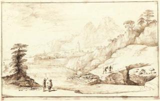 Giovanni Francesco Barbieri - An extensive mountainous landscape with travellers