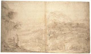 Giovanni Francesco Barbieri - An extensive rocky landscape with a hermit
