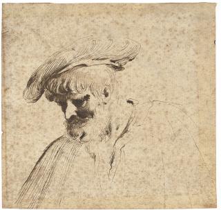 Giovanni Francesco Barbieri - Head of a bearded man wearing a beretta
