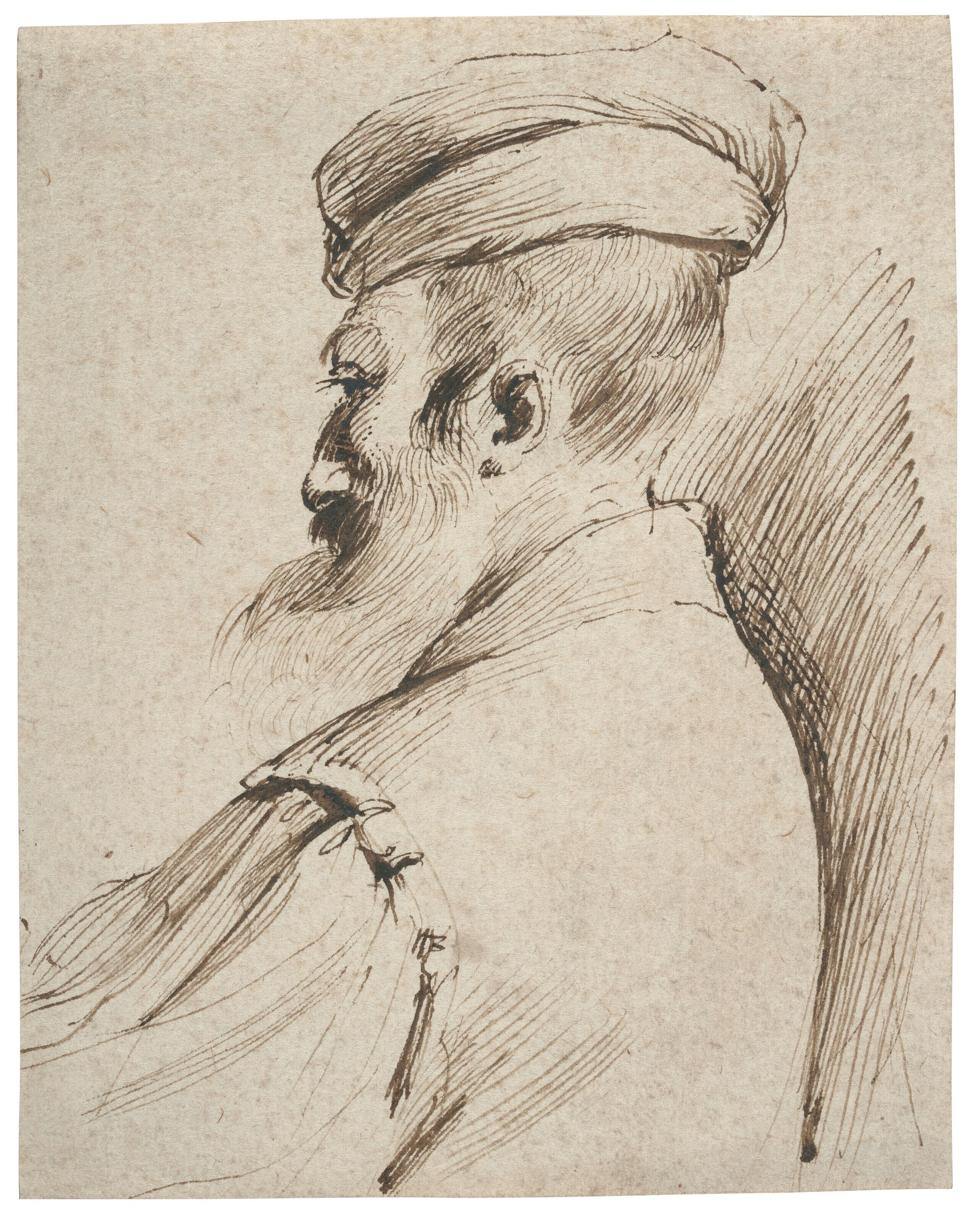 Giovanni Francesco Barbieri - Homme Barbu En Buste Portant Un Chapeau