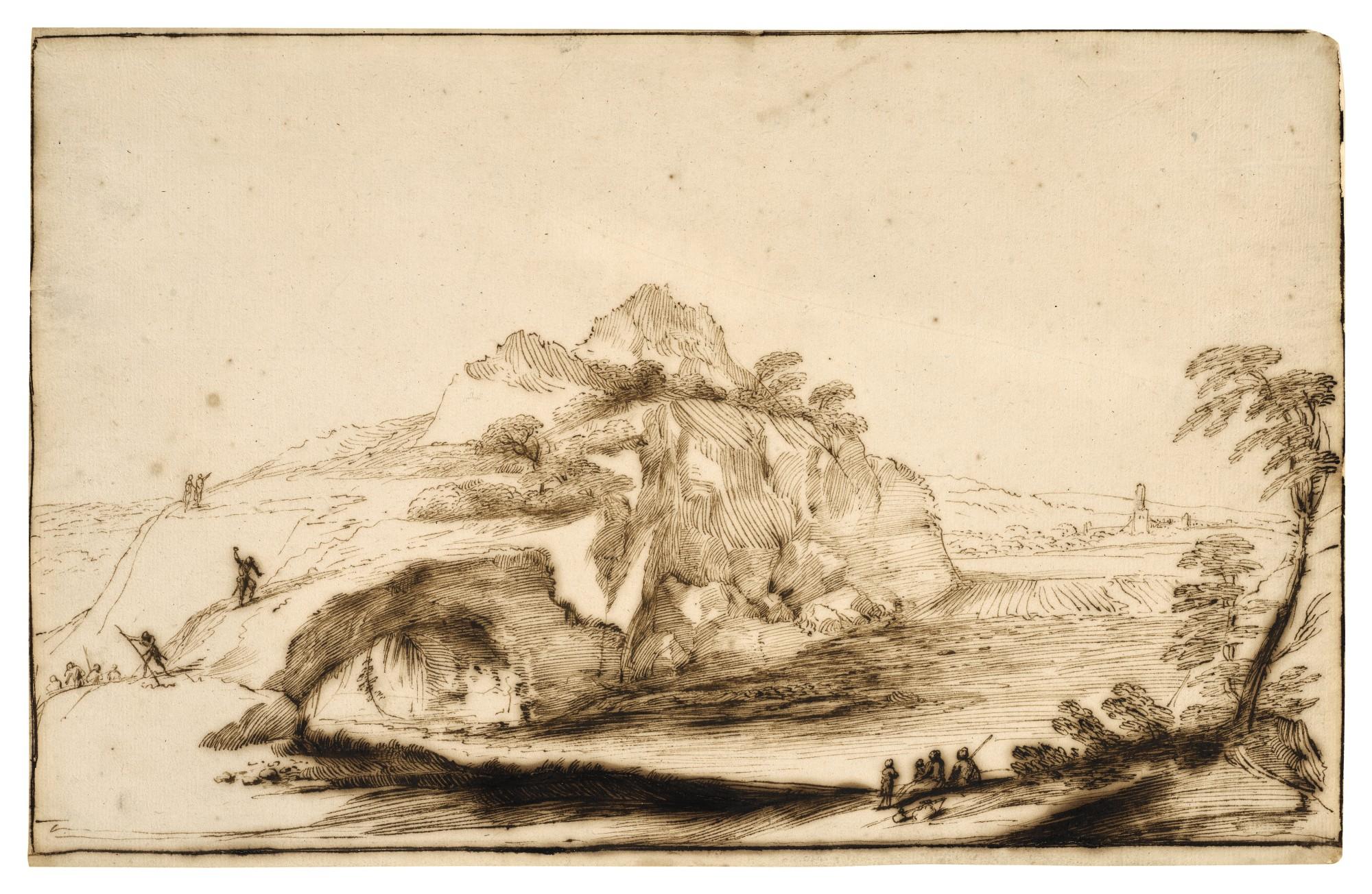 Giovanni Francesco Barbieri - Landscape with a natural bridge, with men killing serpents