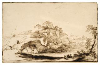 Giovanni Francesco Barbieri - Landscape with a natural bridge, with men killing serpents