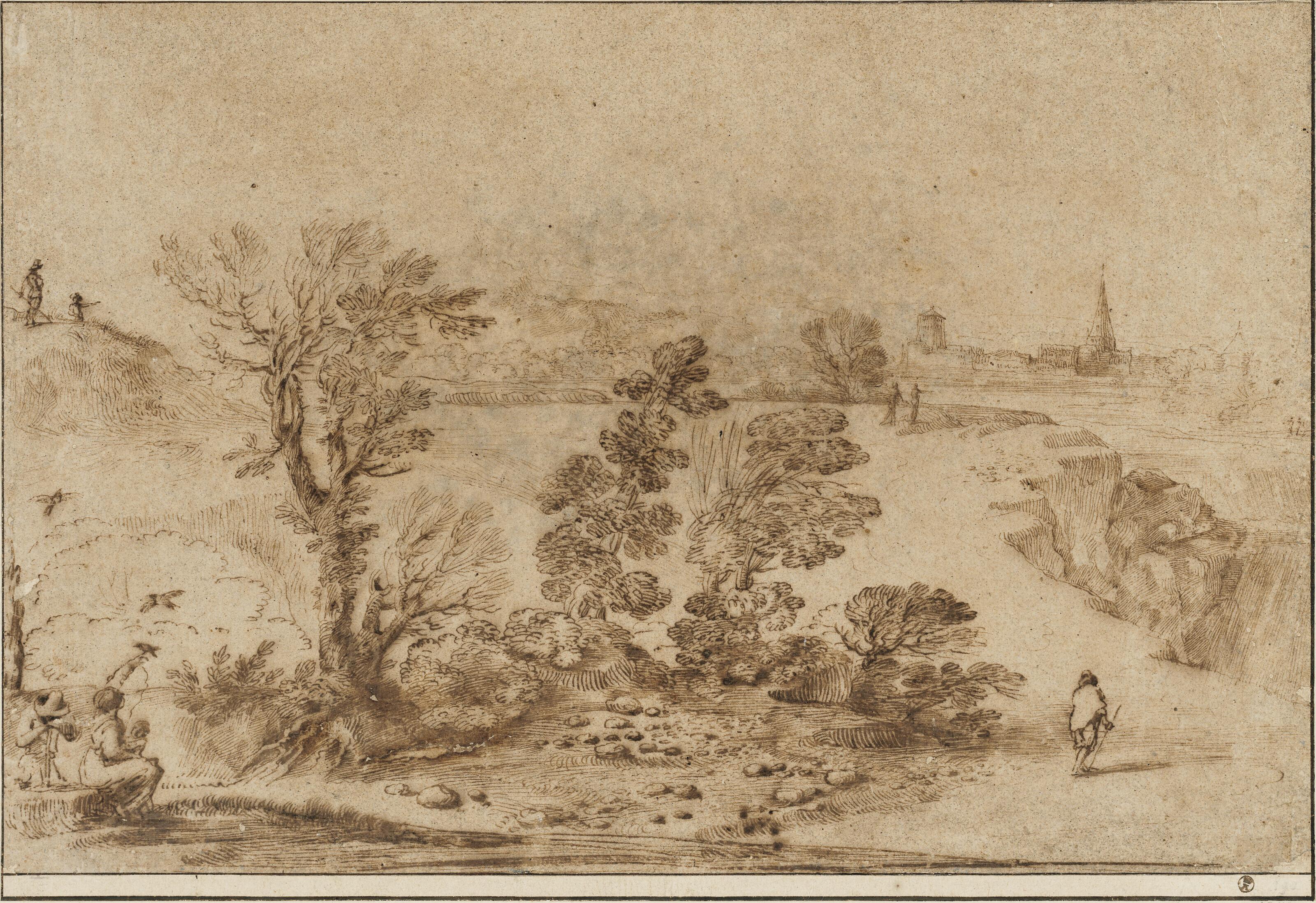 Giovanni Francesco Barbieri - Paysage avec une femme jouant avec des oiseaux et autres figures