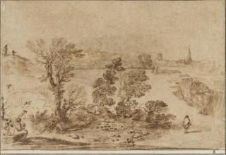 Giovanni Francesco Barbieri - Paysage avec une femme jouant avec des oiseaux et autres figures