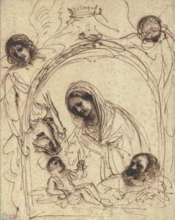 Giovanni Francesco Barbieri - The Nativity in a fictive frame supported by two angels and surmounted by a crown