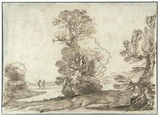 Giovanni Francesco Barbieri - Weite Landschaft mit zwei Reisenden auf einem breiten Weg.