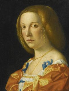 Giovanni Francesco Caroto - Portrait Of A Lady, Bust Length, Facing Left, Dressed In An Orange Gown With Blue Ribbons