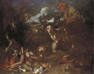Giovanni Francesco Castiglione - A Wooded Landscape With A Falconer And Two Dogs With Dead Game, A Huntsman Beyond