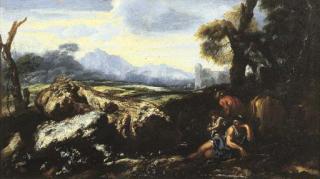 Giovanni Francesco Castiglione - Paesaggio classico con contadini e armenti