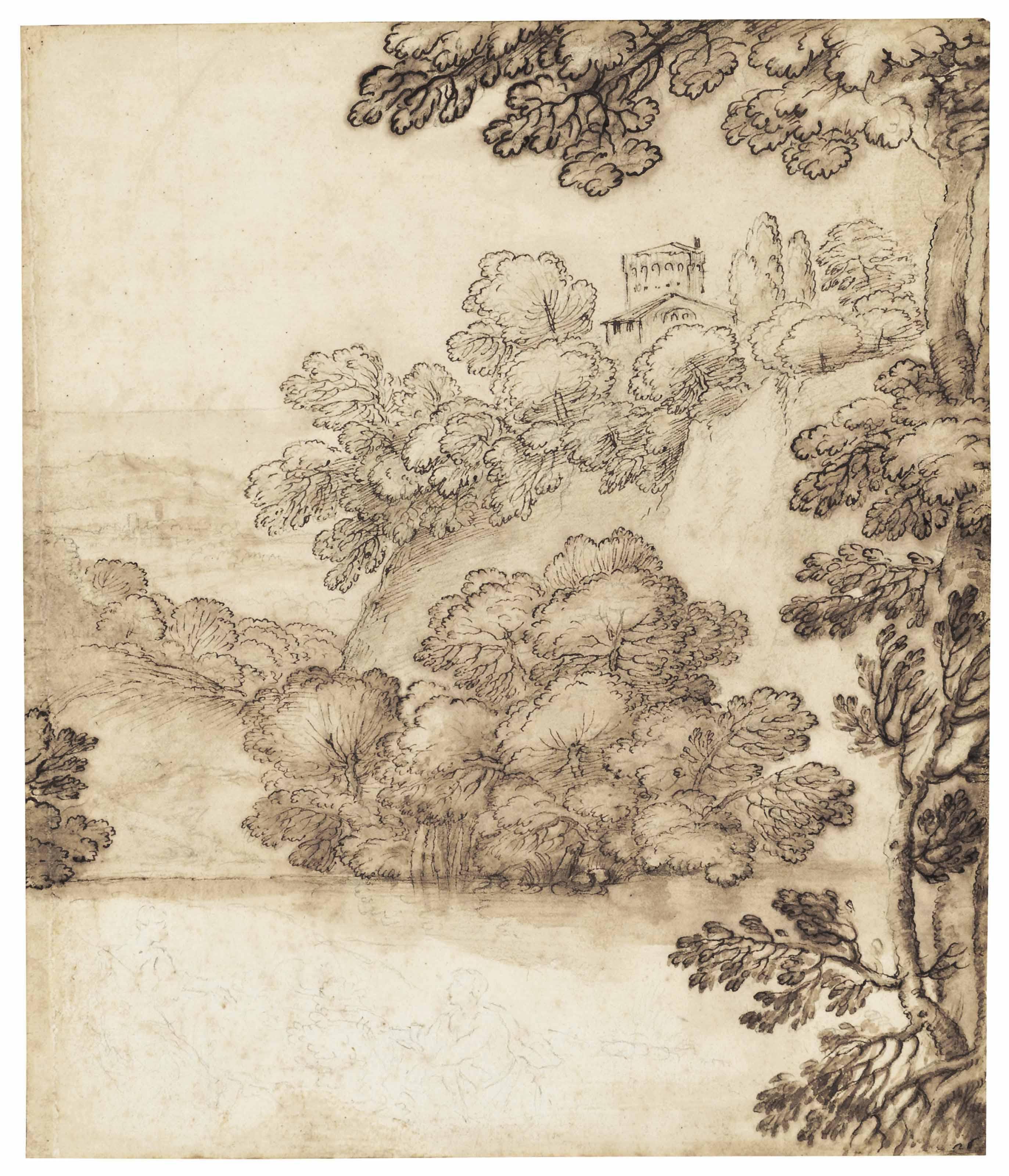 Giovanni Francesco Grimaldi, Called Il Bolognese - Buildings above a wooded lake