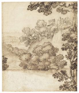 Giovanni Francesco Grimaldi, Called Il Bolognese - Buildings above a wooded lake