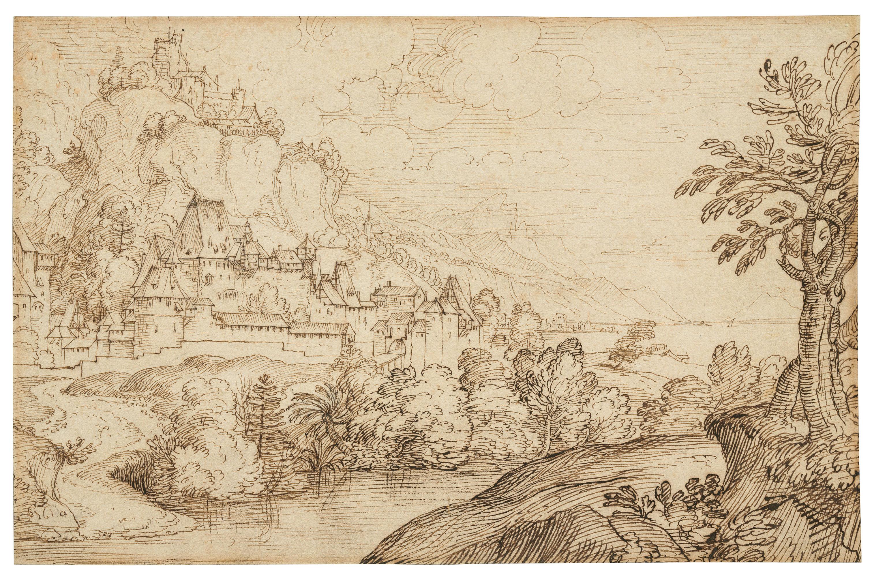 Giovanni Francesco Grimaldi, Il Bolognese - A landscape with a coastal town, after Albrecht Dürer